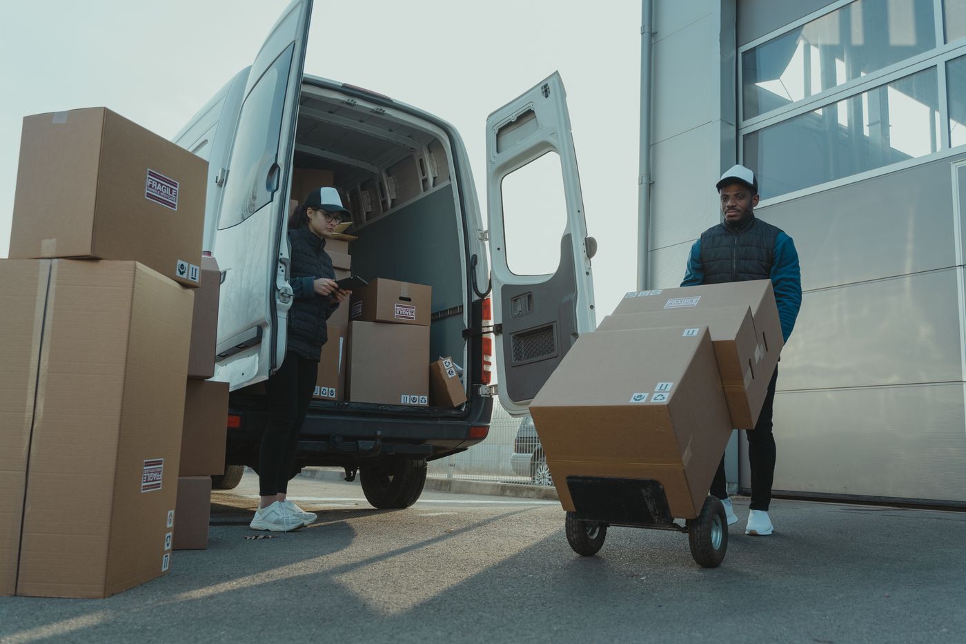 Boxes being loaded into a delivery van.